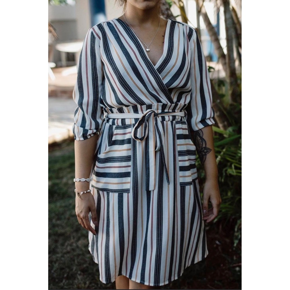 Monteau Los Angeles Striped Wrap Dress Navy Orange Cream V-Neck Pockets Largeβ